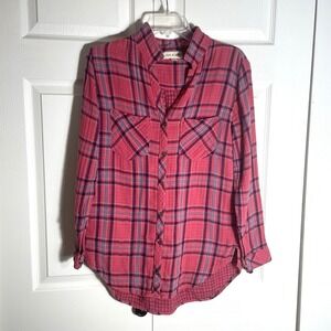 Anthropologie Cloth Stone 100% Cotton Shirt Women M Pink Plaid Gauze Button Up